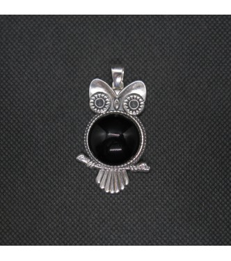 PE001468 Sterling Silver Pendant Owl Genuine Solid Hallmarked 925 With Natural Black Onyx